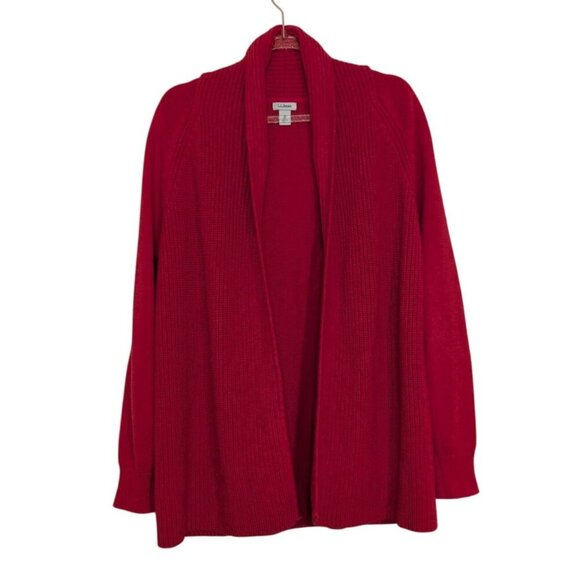 LL Bean Shaker Stitch Cardigan Womens Size Medium Red Cotton Ribbed Open Front - Picture 1 of 9
